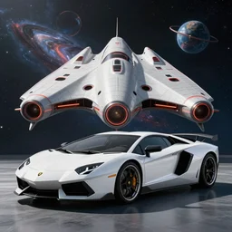epic lamborghini space starship positioned behind a laborghini car, beautiful space background, ludek pesek, rick guidice, chesley bonestell, lucien rudaux, rolf klep, fred freeman, george pal, technicolor, 4 k, super sharp