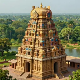 High Fantasy solitary Hindu temple typical of the Chola  period Dravidian style, made in sandstone carvings, lush green forest on a plain near a river, colorful sculptural motifs Intricate, detailed , artistic , volumetric lights warm. Joyful matte painting by Darek Zabrocki and Emmanuel Shiu, 4k ultra detailed, great composition cinematic.