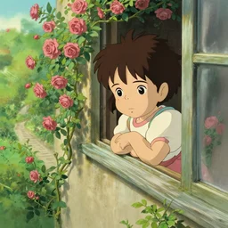 well - lit art nouveau portrait of a 1 3 - year old girl with a shy expression, looking out from a balcony with a rose trellis, natural lighting, path traced, highly detailed, high quality, cartoon, digital painting, by don bluth and ross tran and studio ghibli