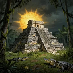 a historical illustration of a half sunken aztec temple in the florida everglades, moss, vines, alligator, foreboding, dark, color, in the style of a historical illustration