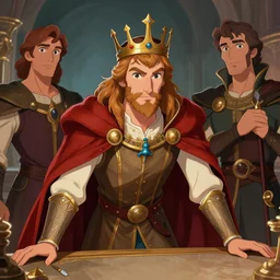 highly detailed 2 d contemporary digital illustration, colored contours, well shaded, high fantasy portrait of [ [ [ king arthur ] ] ] leaning over a table, by eldar velikhanov, adam lee and walt disney, trending on artstation