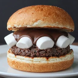 dslr food photograph of burger with a layer of marshmallows in it, chocolate sauce, 8 5 mm f 1. 8