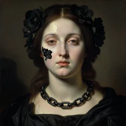 hyperrealism close - up mythological portrait of a beautiful medieval woman's shattered face blended with black flowers in style of classicism mixed with old painting, black massive chains around the neck, pale skin, ivory make up on the eyes, wearing black silk robe, dark and dull palette