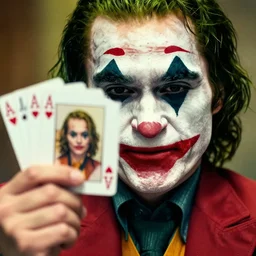 the joker holding playing cards with Margot Robbie pictures on them, portrait, amazing detail, cinematic, 8k resolution