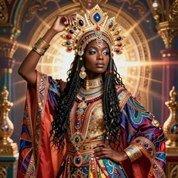 the portrait of the absurdly beautiful, graceful, elegant, gorgeous, fashionable photorealistic black woman dressed in ceremonial garb, an ultrafine hyperdetailed photograph by irakli nadar, intricate linework, bright colors, octopath traveler, final fantasy, unreal engine highly rendered, global illumination, radiant light, intricate environment
