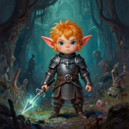 A cute gremlin-boy katar-fighter protagonist with chainmail reinforced clothing and a glowing weapon is exploring the grimdarkest dungeon depths. trending on Pixiv. trending on ArtStation. A vibrant digital oil painting. A highly detailed fantasy character illustration by Wayne Reynolds and Charles Monet and Gustave Dore and Carl Critchlow and Bram Sels | A concept of Melancholic Euphoric heartshine in the crush of oblivion.