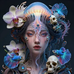 goddess close-up portrait. jellyfish phoenix head, nautilus, orchid, skull, betta fish, bioluminiscent creatures, intricate artwork by Tooth Wu and wlop and beeple. octane render, trending on artstation, greg rutkowski very coherent symmetrical artwork. cinematic, hyper realism, high detail, octane render, 8k