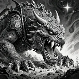 A giant monster with teeth devours realms, fantasy magic, dark light night, intricate, elegant, sharp focus, illustration, highly detailed, digital painting, concept art, matte, art by WLOP and Artgerm and Greg Rutkowski and Alphonse Mucha, masterpiece