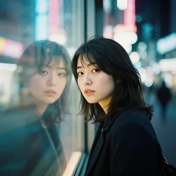 A portrait photography of a Japanese woman leaning into a highly reflective window in front of her. Neo Tokyo mood. Neon lights and glow in the background. High contrast. Film grain. Depth of field. Lens flare. Kodak Portra 800 film. Detailed. Cinematic. High quality.