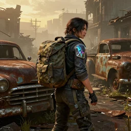 fallout 5, backpacking female protagonist in a ruined city environment, rusted vintage cars and trucks, mysterious atmospheric lighting, matte painting, intricate, iridescent, volumetric lighting, beautiful, rich deep colours masterpiece, fog, golden hour, sharp focus, ultra detailed, by leesha hannigan, ross tran, thierry doizon, kai carpenter, ignacio fernandez rios
