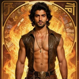 the handsome avan jogia, fire background by alphonse mucha