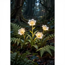 🐉🪴 garden, glowing delicate flower, berries and ferns that grow in a dark fantasy forest, full frame,