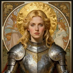 masterpiece head-on symmetrical centered painted portrait, Elisha Cuthbert as a paladin, blonde hair, golden halo, ornate iron armour, elegant, distant, in the style of Edgar Maxence and Ross Tran and Zdzisław Beksiński and Michael Whelan and Mucha and gustav dore and H.R. Giger, 8k, octane render