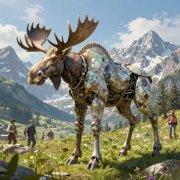 detailed nacreous hard shell alien biomechanical moose mecha in a picturesque mountain meadow in the french alps. mathias kollros mark winters villeneuve lie setiawan lius lasahido manuel castanon. portrait vivid intricate vibrant elaborate inks unreal engine render.