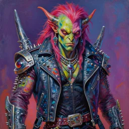 portrait of a scifi apocalyptic demonic orcish goblin heavy metal biker character, cool pose, psychedelic vibrant colors, futuristic punk rock fashion, oil painting by michael whelan art, sharp focus, realistic, detailed eyes, 8 0 s hair, studded leather jacket, 8 k