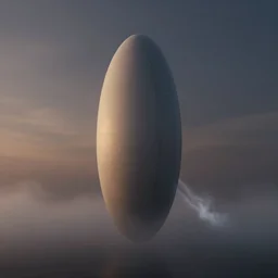 concept art render of a single distant massive beautiful neo - futuristic matte surface symmetrical elongated oval monolith emerging from fog at dusk by ilm and denis villeneuve, emmanuel shiu, zaha hadid, trailing white vapor, architectural scale, hazy dark background, simplified beautiful form, hyperrealism, matte painting, volumetric, trending on artstation, cgsociety, rendered in octane