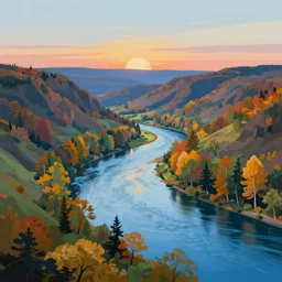 digital painting of a lush river valley by gerald brom. blue river. autumn day. sunset. autumn hills. chiho aoshima. digital render. detailed. beautiful landscape.