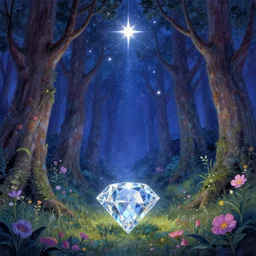 a beautiful picture of magic forest, star, diamond, flower, by greg rutkowski and thomas kinkade, trending on artstation