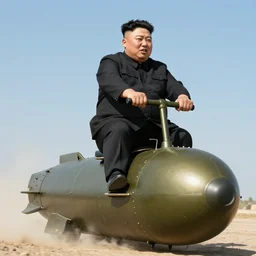 kim jong - un riding a nuclear bomb, sky, photorealistic, ultra high resolution, ultra detailed