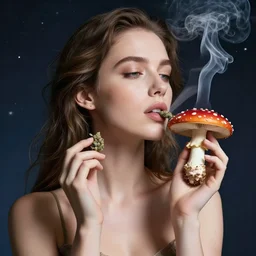 beautiful woman smoking weed with amanita muscaria, hyperreal, ethereal, realistic, extremely detailed, space background