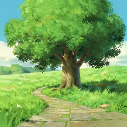 cute ash tree, stone walkpath landfield, painting animation matte painting by ghibli pixar studio miyazaki ghibli