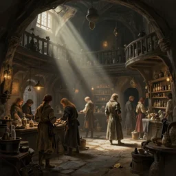 a medieval shop, beautiful, detailed, realistic detailed clients, dark, concept art illustration, color page, tone mapping, akihiko yoshida, james jean, andrei riabovitchev, marc simonetti, digital illustration, greg rutowski, volumetric lighting, sunbeams, particles