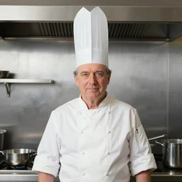 A chef with a chef's hat taller than him, Ansel Adams