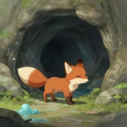 a tiny brown fox exploring a large cave, water, Pokemon fanart, brown fur, cute, detailed fur, furaffinity