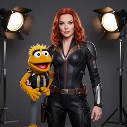 studio portrait still of muppet!!!!! black widow!!!!!! from avengers infinity war as a muppet muppet as a muppet, 8 k, studio lighting, key light,