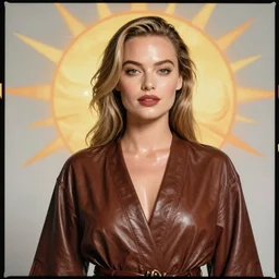Liang Huatao detailed Illustration of gorgeous Margot Robbie in a Solarpunk leather robe, accurate anatomy, abstract sun in background, shiny soft skin, soft lighting, sharp details, warm colors, studio portrait, 35 mm film, subsurface scattering, lens flare