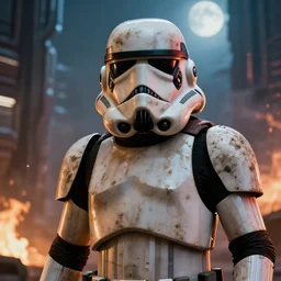 film still from the force awakens a telephoto head shot portrait of star wars dirty muddy first order storm trooper in a science fiction, cyberpunk city, smoke, fire, volumetric lighting, glamour pose, rim lighting, moonlit, thomas kinkade, ralph mcquarrie, greg rutkowski, octane, 8 k