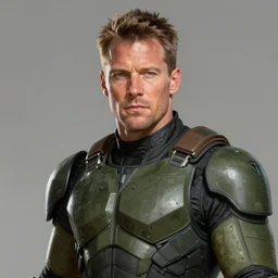 portrait of superhero by greg rutkowski, michael biehn wearing a olive green and black kevlar gear, highly detailed portrait, digital painting, artstation, concept art, smooth, sharp foccus ilustration, artstation hq