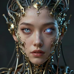 beautifully stunning biopunk woman_integrating_with_technology_full_face_insipiring_detailed_intricate_ornate_cables_connected_to_head_big_open_electric_eyes_ the_singulairty is now rendered in unreal by android jones