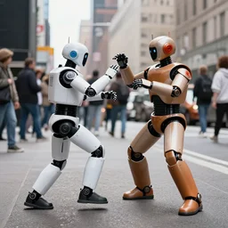 robots having a dance battle on the streets of new york city