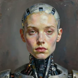 a beautiful painting of a portrait of humanoid cyborg, front close - up, by peter mohrbacher, zaha hadi