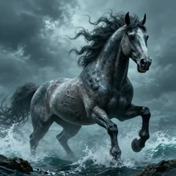 an extremely scary, massive horse under ocean, furiously looking, courtesy of mbari