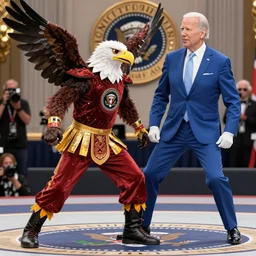 Kid Rock wearing an eagle costume supplexing President Biden dressed like the Ultimate Warrior
