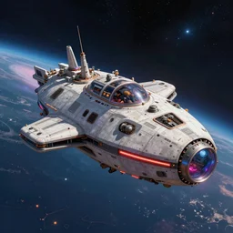 tiny spaceship!!, deep space exploration!!!, flying, ridley scott universe, industrial design, the final frontier, illustrative!!, punk, space pirate, painterly, hyperdetailed, hyperrealistic, utilitarian cargo ship, cinematic lighting, 4k, wide angle, beksinski, (neon colors)