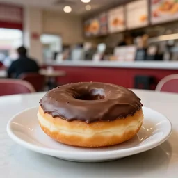a donut, chocolate frosting, on a plate in a busy diner, low wide angle, cinestill 800