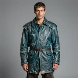 an award - winning photo of a ancient male model wearing a baggy teal distressed medieval menswear leather jacket slightly inspired by medieval armour designed by alexander mcqueen, 4 k, studio lighting, wide angle lens