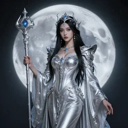 elemental moon witch in ornate silver robes and staff, highly detailed, 8 k, hdr,, clayton crain
