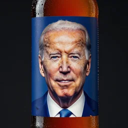 a beer bottle with biden's face on the packaging.