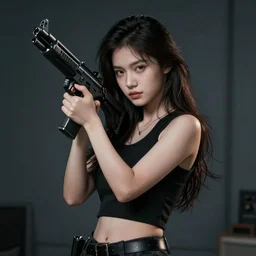 a young woman holding a weapon, dramatic pose, masterpiece by vincent di fate and artgem
