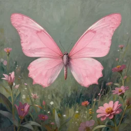 symmetry!! one pink fairy with large wings exploring her lonely flower garden by herself in the style of tom bagshaw, extremely detailed, muted colors