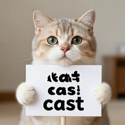 realistic high quality photo of a cute cat holding a sign with text that reads : dream, cat, cas, cast dreamcats, cats