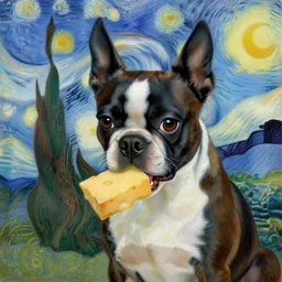 a painting of a boston terrier eating cheese, in the style of van gogh, highly detailed