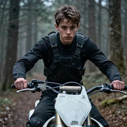 cinestill 5 0 d candid photographic portrait by helen levitt of a mixed teen wearing rugged black mesh techwear riding on a dirtbike through a deep forest, extreme closeup, modern cyberpunk moody emotional cinematic, snow storm, 8 k, hd, high resolution, 3 5 mm, f / 3 2, ultra realistic faces, ex machina
