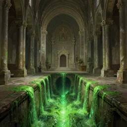 a roman church in an underground sewerage network, unadorned, puritan monastery interior, green glowing slime flowing down from the sewers, intricate, highly detailed, digital painting, artstation, concept art, cinematic lighting, illustration, by artgerm, greg rutkowski, alphonse mucha, cgsociety