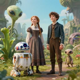 a girl and a boy standing next to some alien plants, looking happy and wearing victorian clothes, their pet droid is nearby, while a small cute alien creature is standing behind them, in a park on a alien planet, ultra realistic facial details, enhanced faces, ultra photorealistic raytracing, 8k