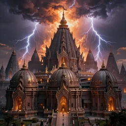 massive temple in hell that has large domed roofs and is super complicated with a huge storm with lightning made of fire in the background, surreal, sharp focus, digital art, epic composition, concept art, dynamic lighting, intricate, highly detailed, 8 k, unreal engine, blender render